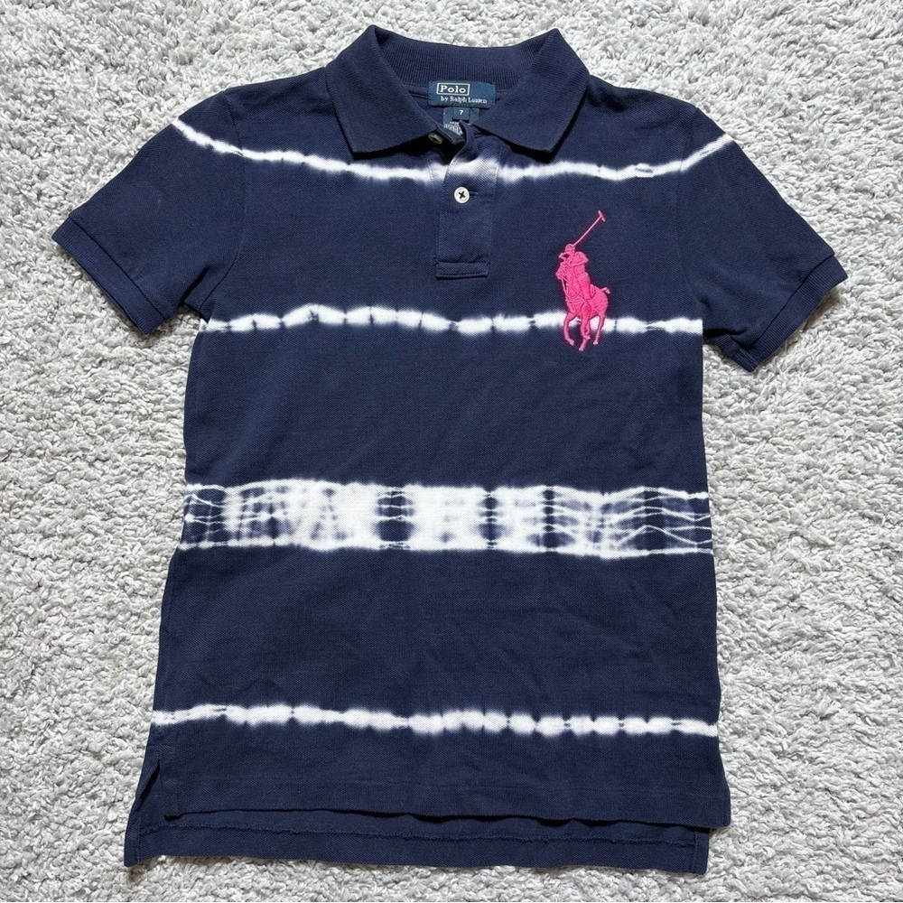 Polo Ralph Lauren Shirt Girls 7 Classic Big Pony Tie Dye Pink Preppy Picture Day